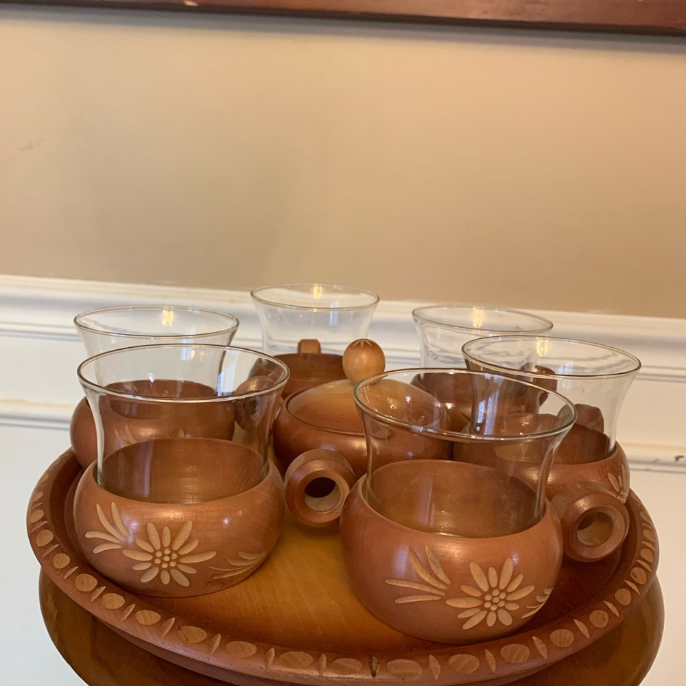 6 Vintage Wooden And Glass Tea Set With Sugar Bowl And Platter
